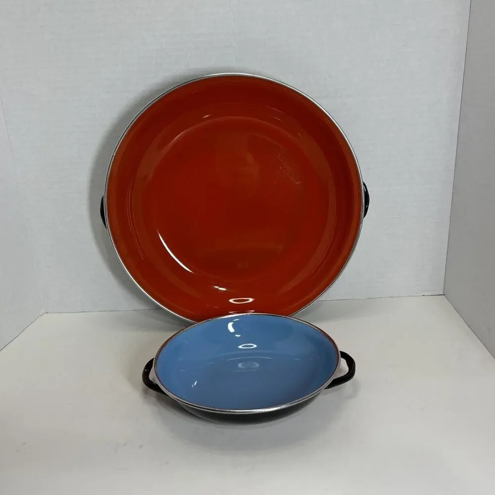 Vtg MCM Emo Celji Style Nesting Enamel Metal 2 Saute Pans Yugoslavia Blue Red